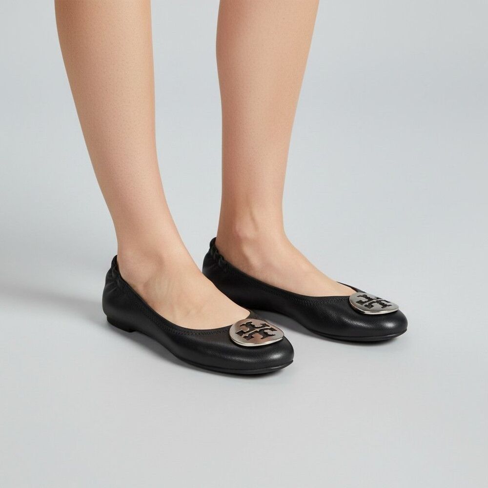 Tory Burch Women’s Leather Slip-On Ballet Flats Black Round Toe Gold Logo 7.5